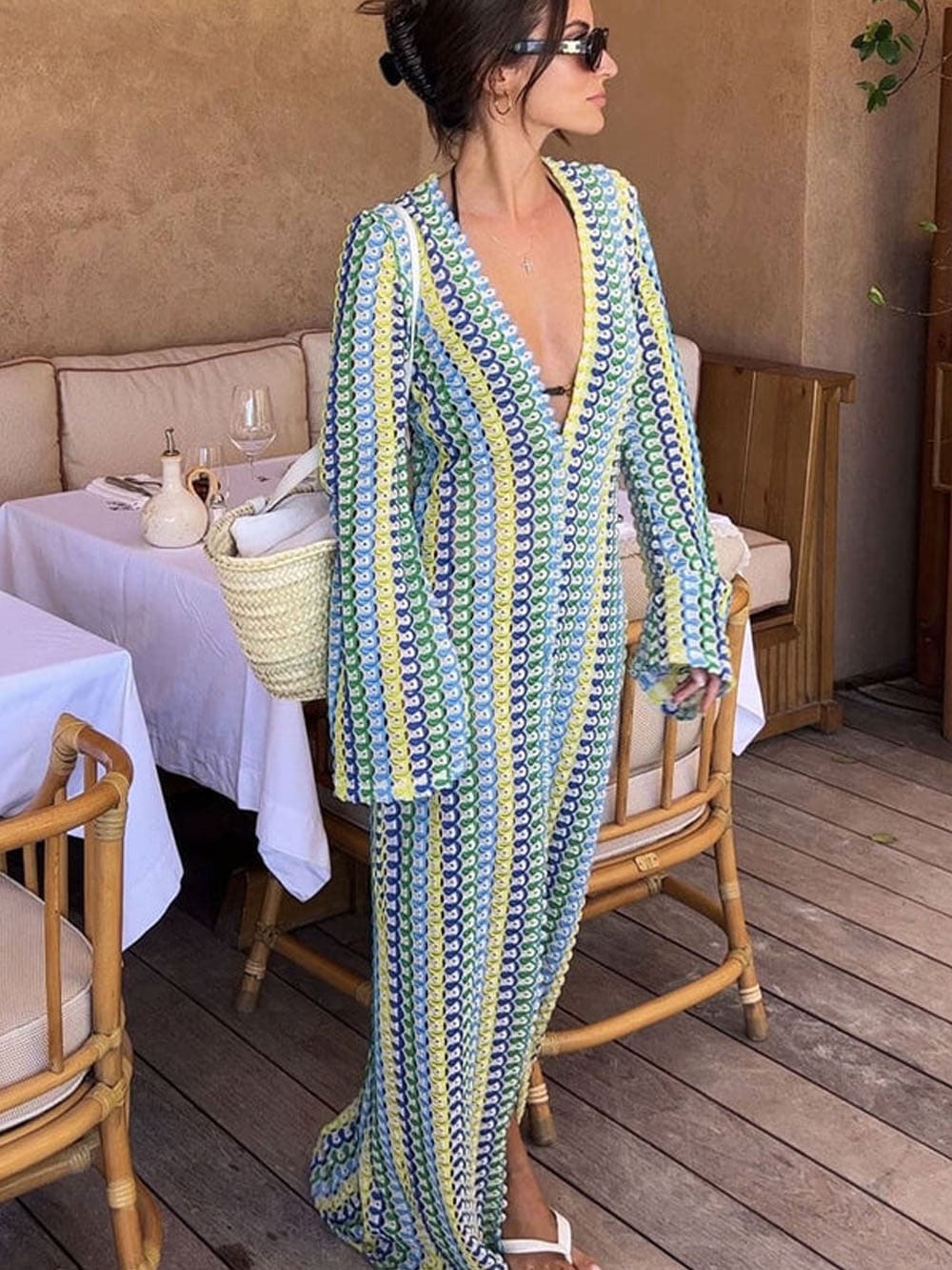 V Neck Bell Sleeve Wavy Striped Crochet Beach Vacation Maxi Dress - Yellow