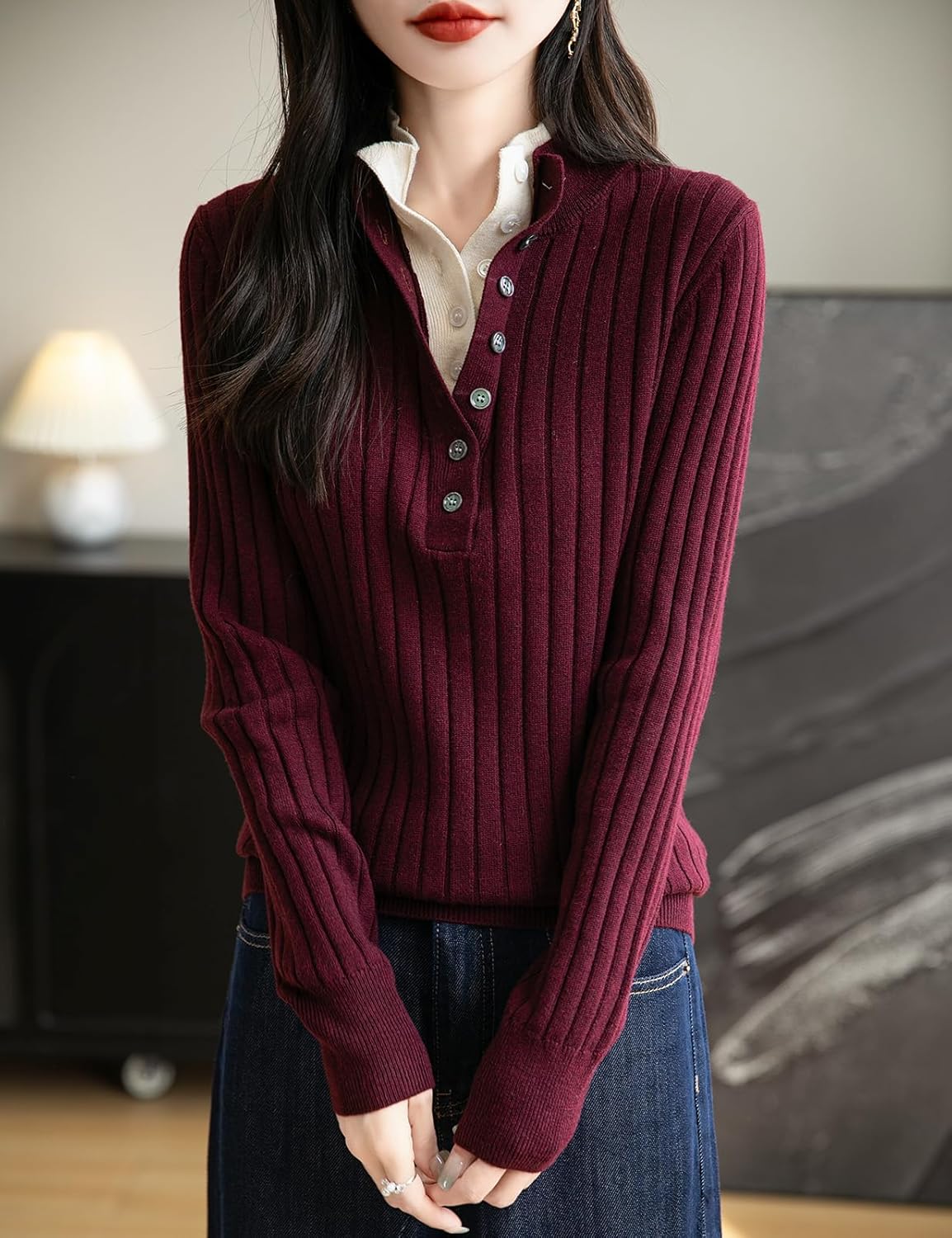 Merino Wool Blend Color Block Stand Collar Sweater