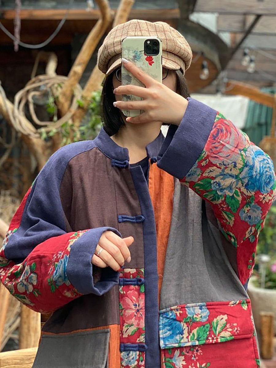 100% Cotton Stand Collar Patchwork Long Coat Qu014