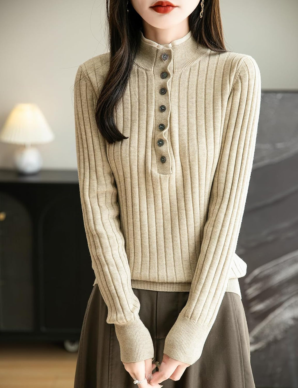 Merino Wool Blend Color Block Stand Collar Sweater