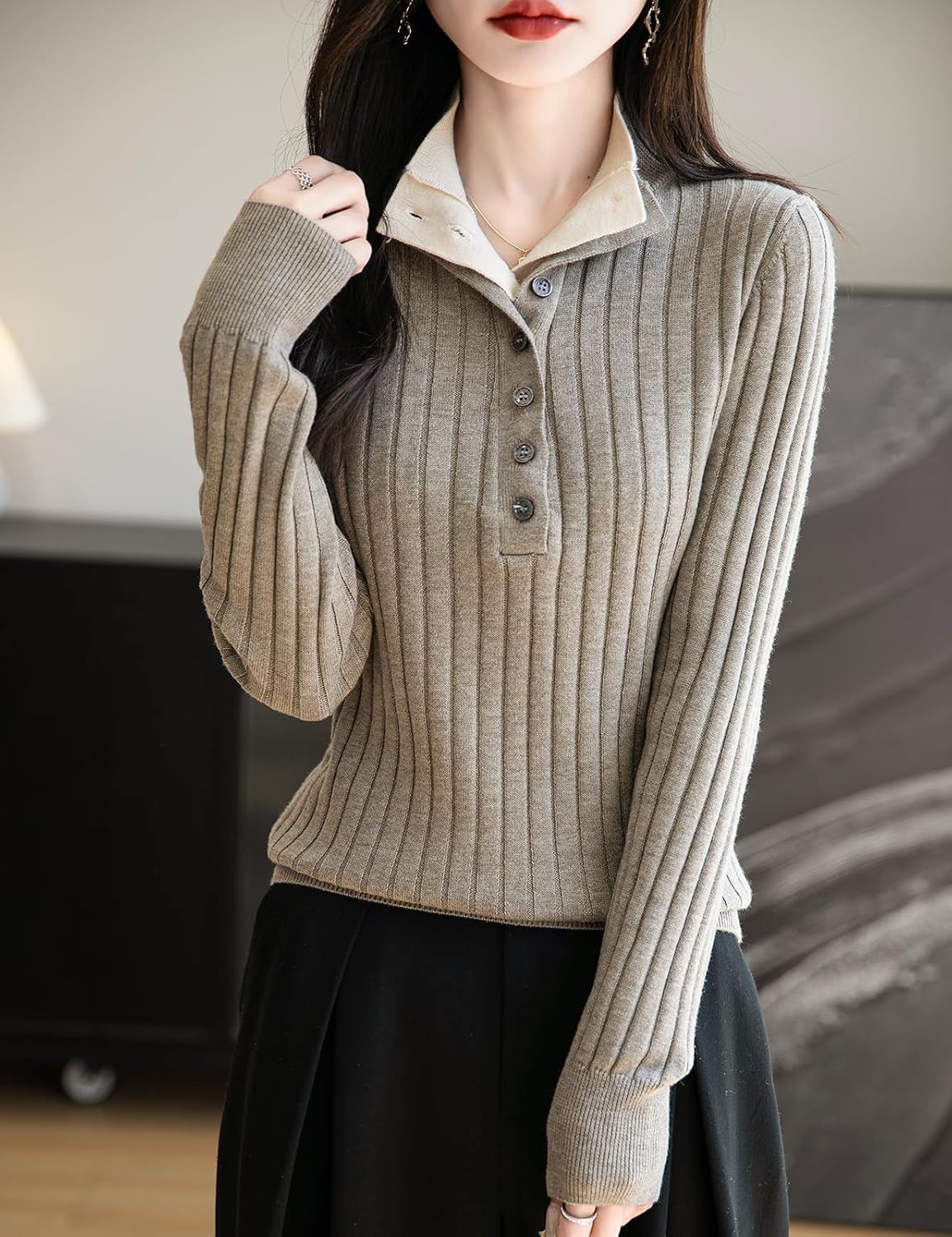 Merino Wool Blend Color Block Stand Collar Sweater