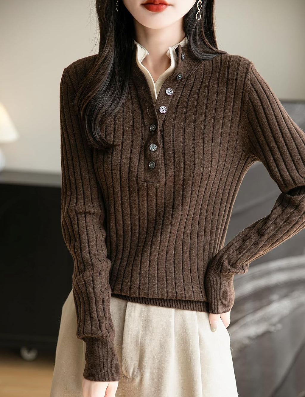 Merino Wool Blend Color Block Stand Collar Sweater