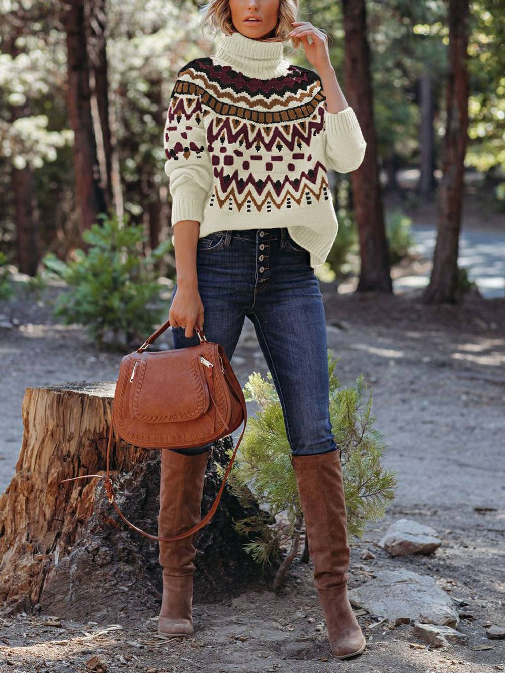 Striped Color Block Turtleneck Sweater