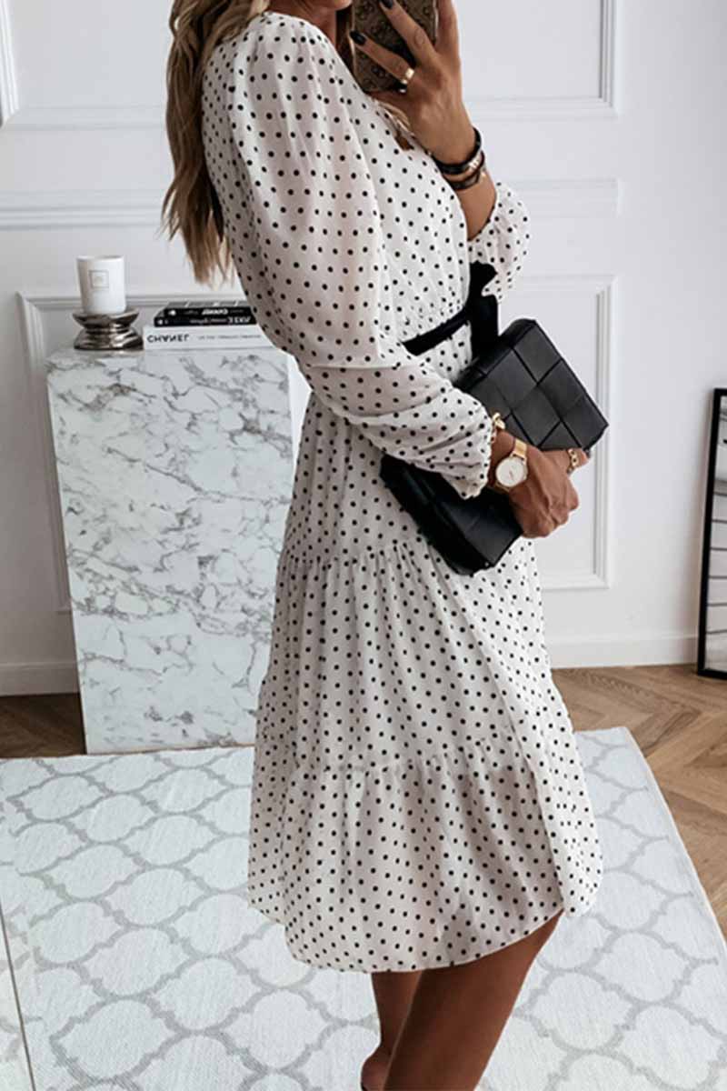 Dot Print Round Neck Tie Midi Dress