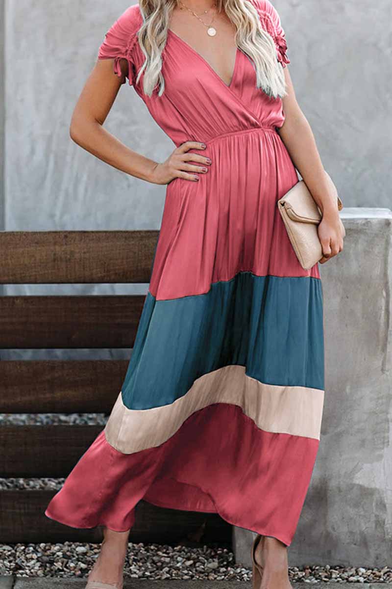 Summer Loose Multicolor Stitching V-neck Short Sleeves Midi Dress