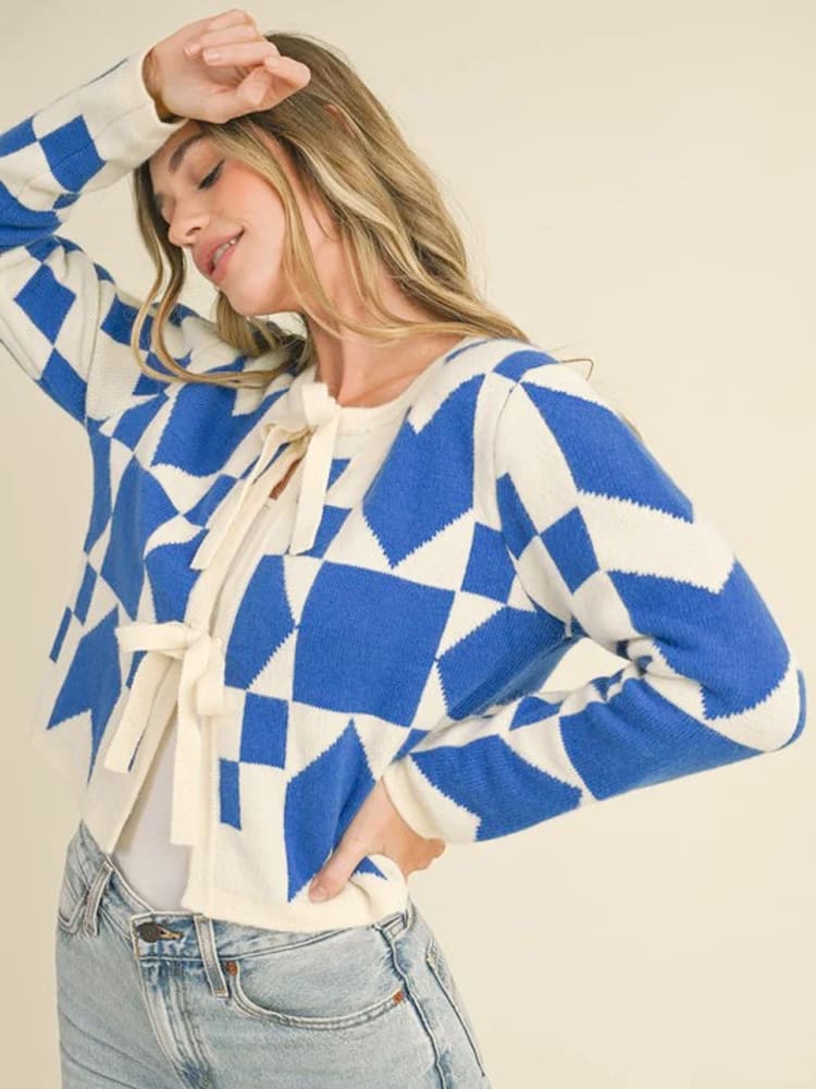 Geometric Print Lace-up Cardigan Sweater
