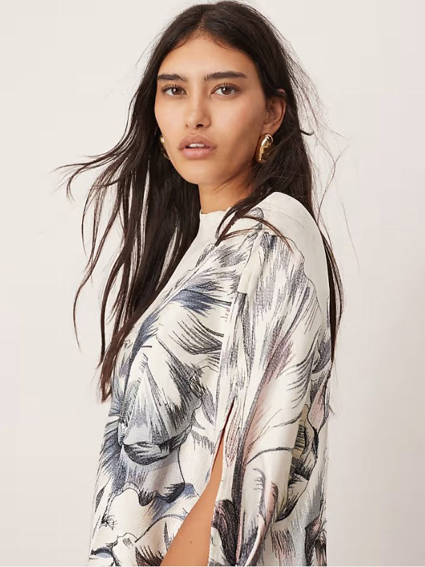 Oversized Print High Neck Asymmetric Hem Midi Dress