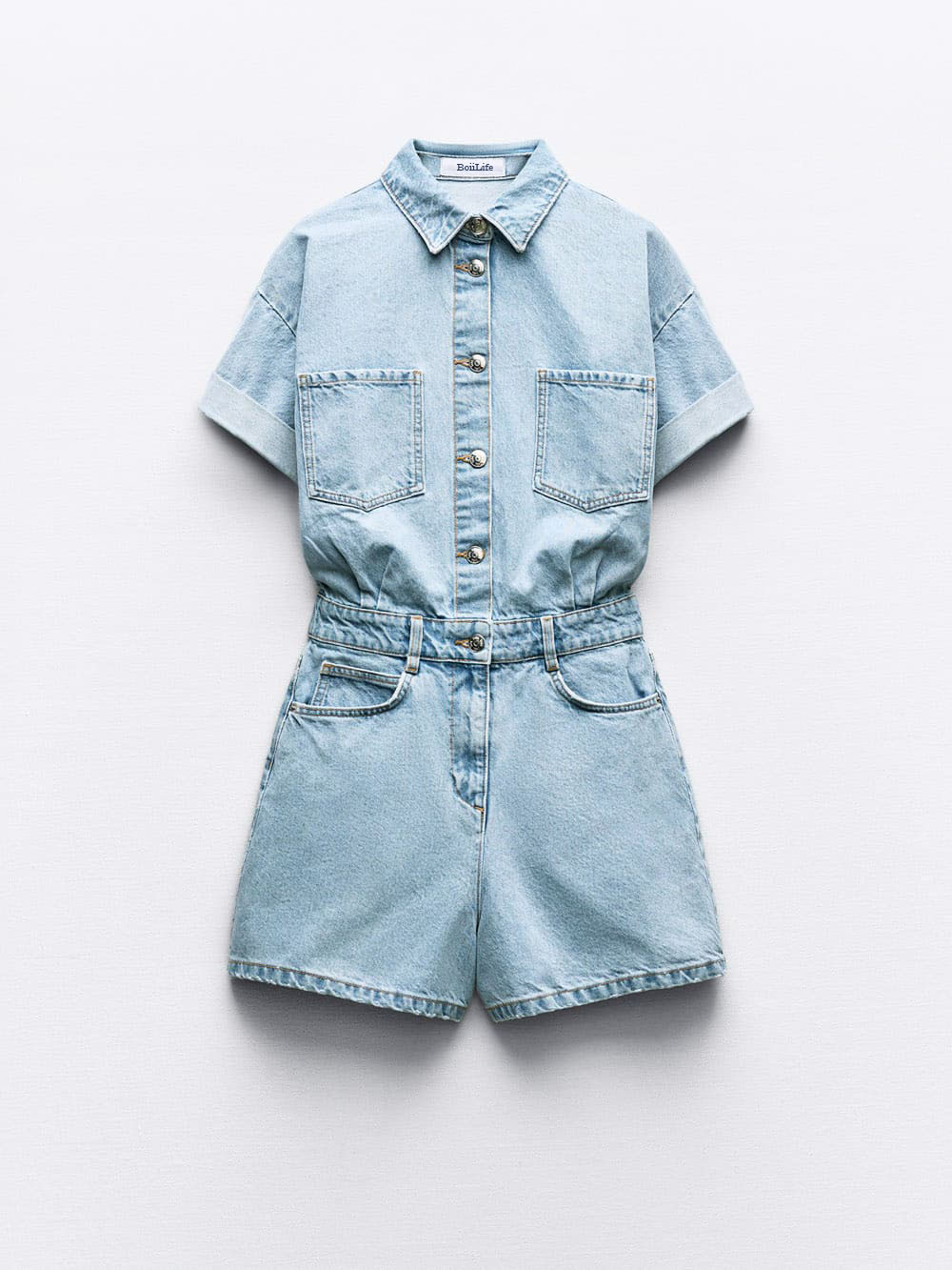 Mini Denim Cuffed-romper-blue