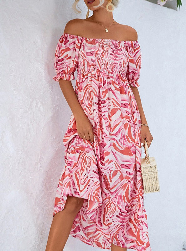 Smocked Print Off the Shoulder Midi Dress