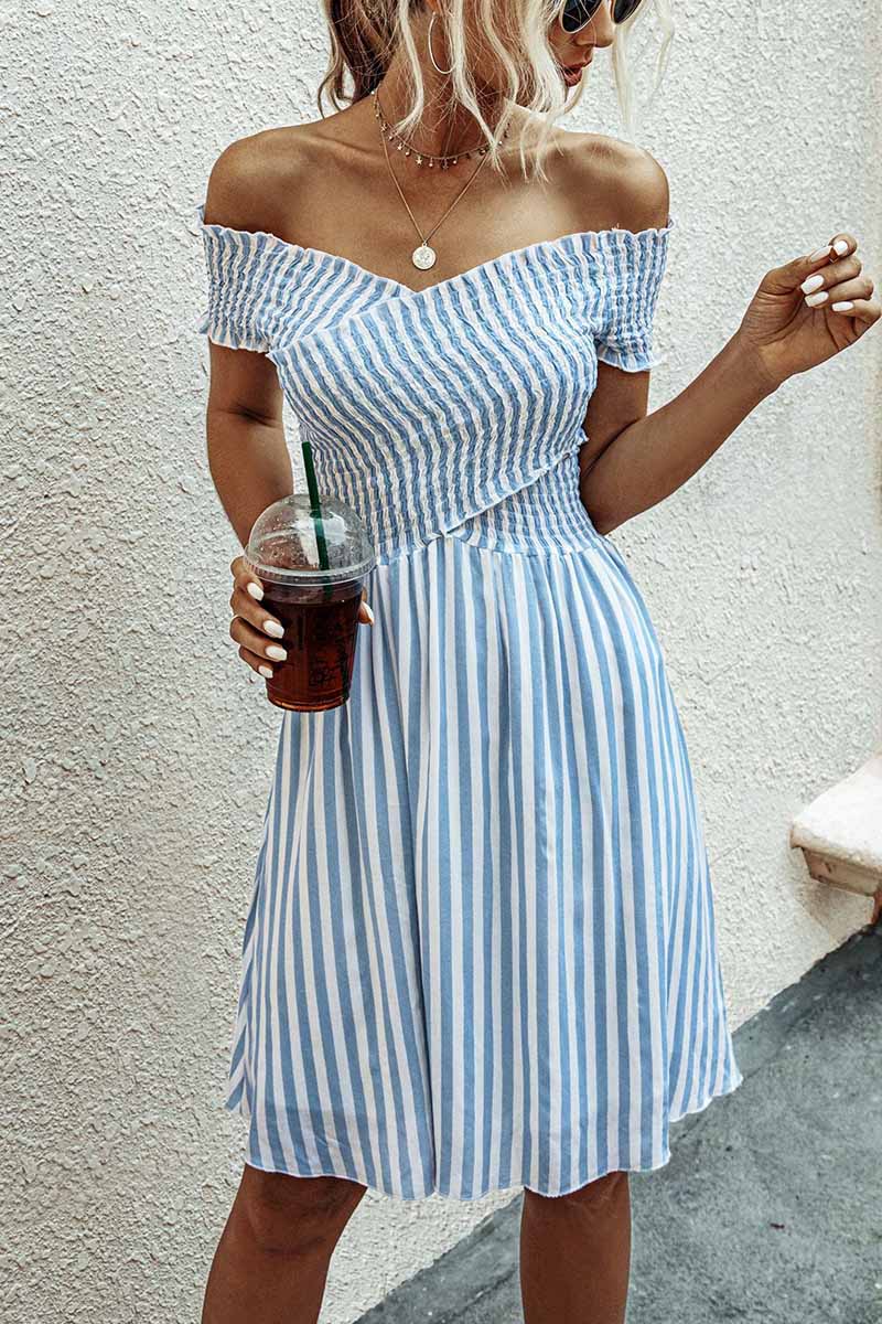 Stripe Off Shoulder Short Sleeve Short Dress