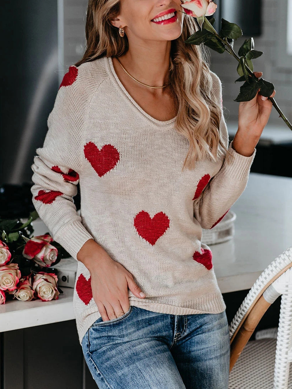 Valentine's Day V-neck Knit Sweater