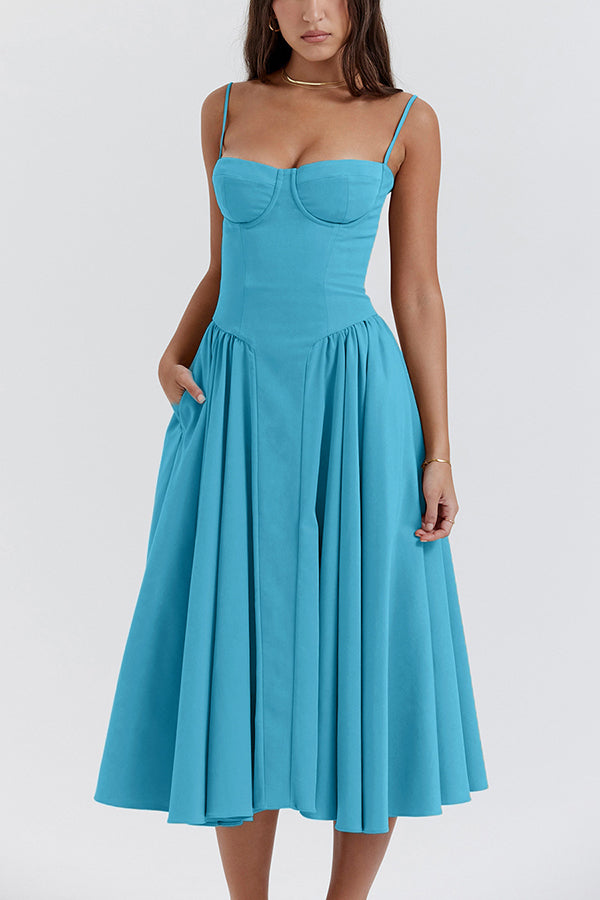 Color Slim Fit Suspender Pocket Midi Dress