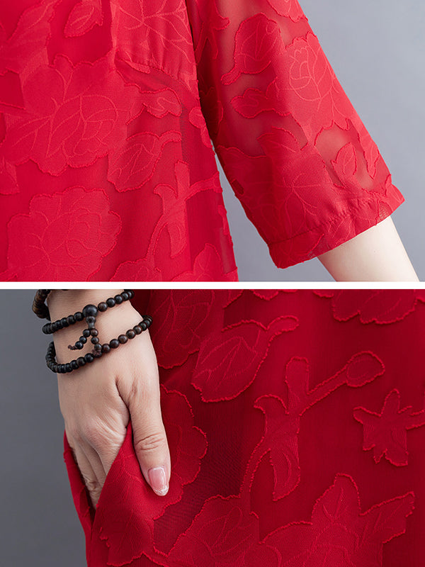 Loose Three-quarter Sleeves Jacquard See-through Color Round-neck Midi Dresses