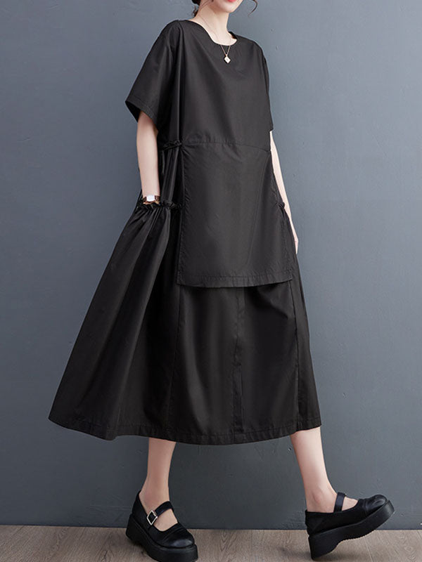 Loose Short Sleeves Color Split-joint Round-neck Midi Dresses