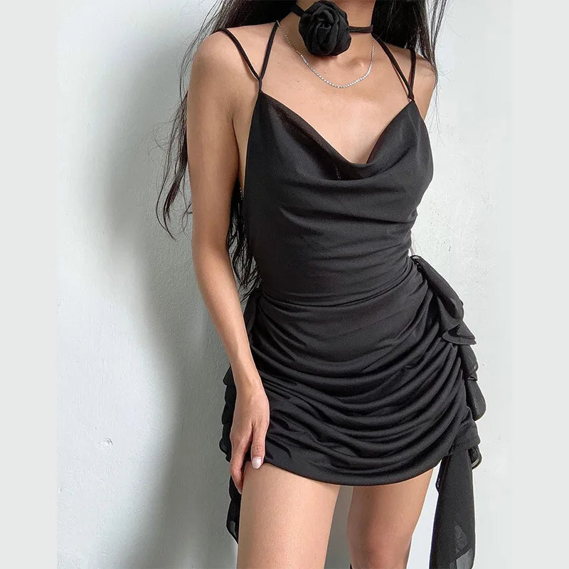 Backless Dress for Ruffle Folds Slim Mini Dresses Holiday Bandage V Neck Lace Up Dress Woman