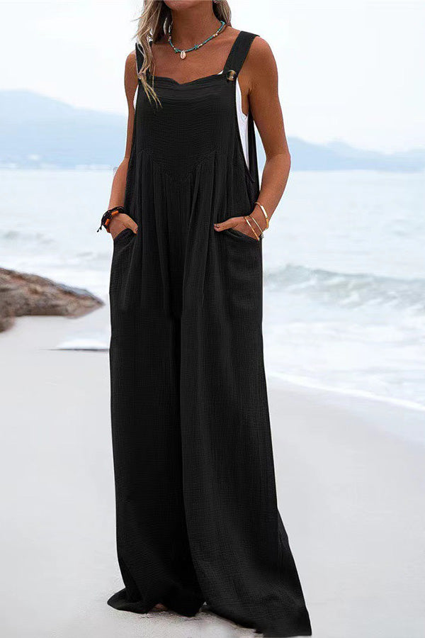 Button Suspender Wide Leg Line Jumpsuit