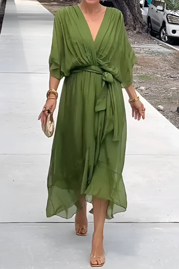 Color V-neck Bat Sleeve Lace-up Irregular Hem Midi Dress