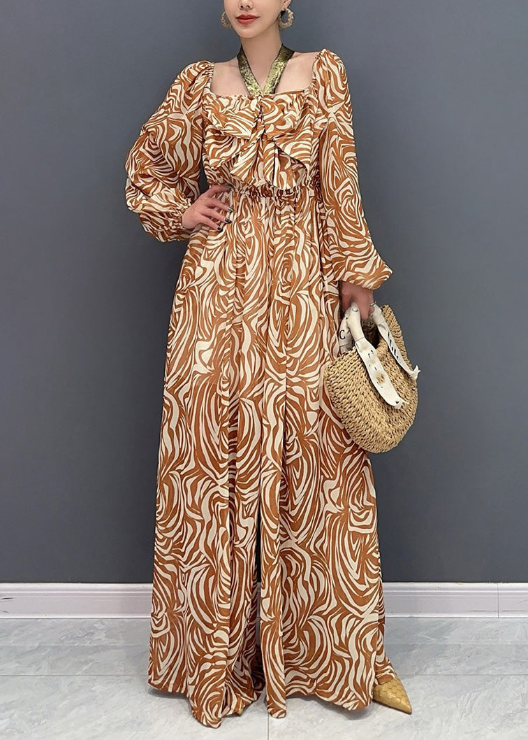 Novelty Coffee Print Wrinkled Chiffon Jumpsuit Long Sleeve Ao1045