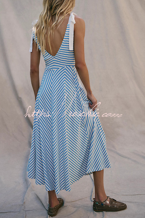 Striped Print V-neck Lace-up Backless Holiday Midi Dress