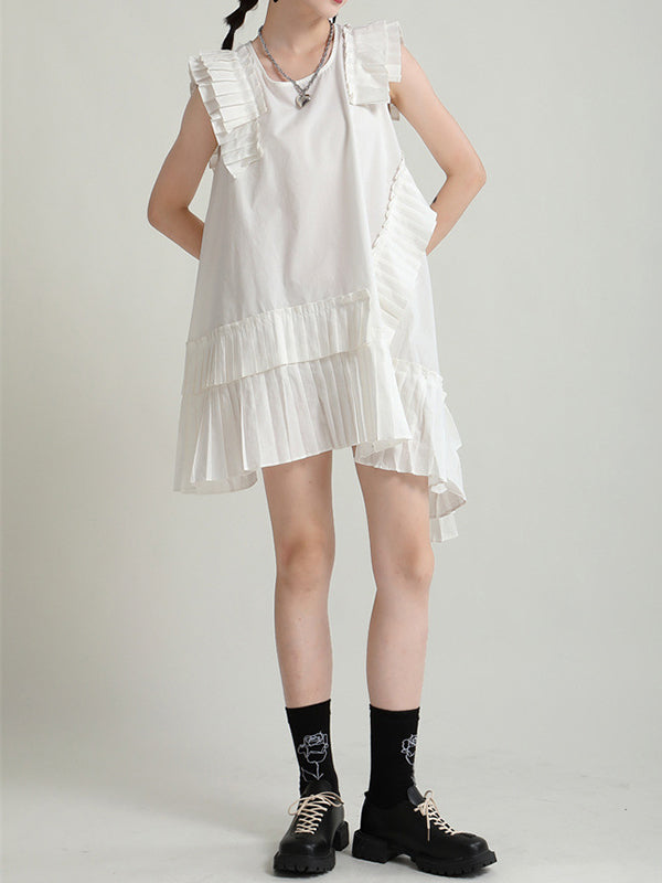 Flying Sleeves Loose Asymmetric Pleated Color Split-joint Round-neck Midi Dresses