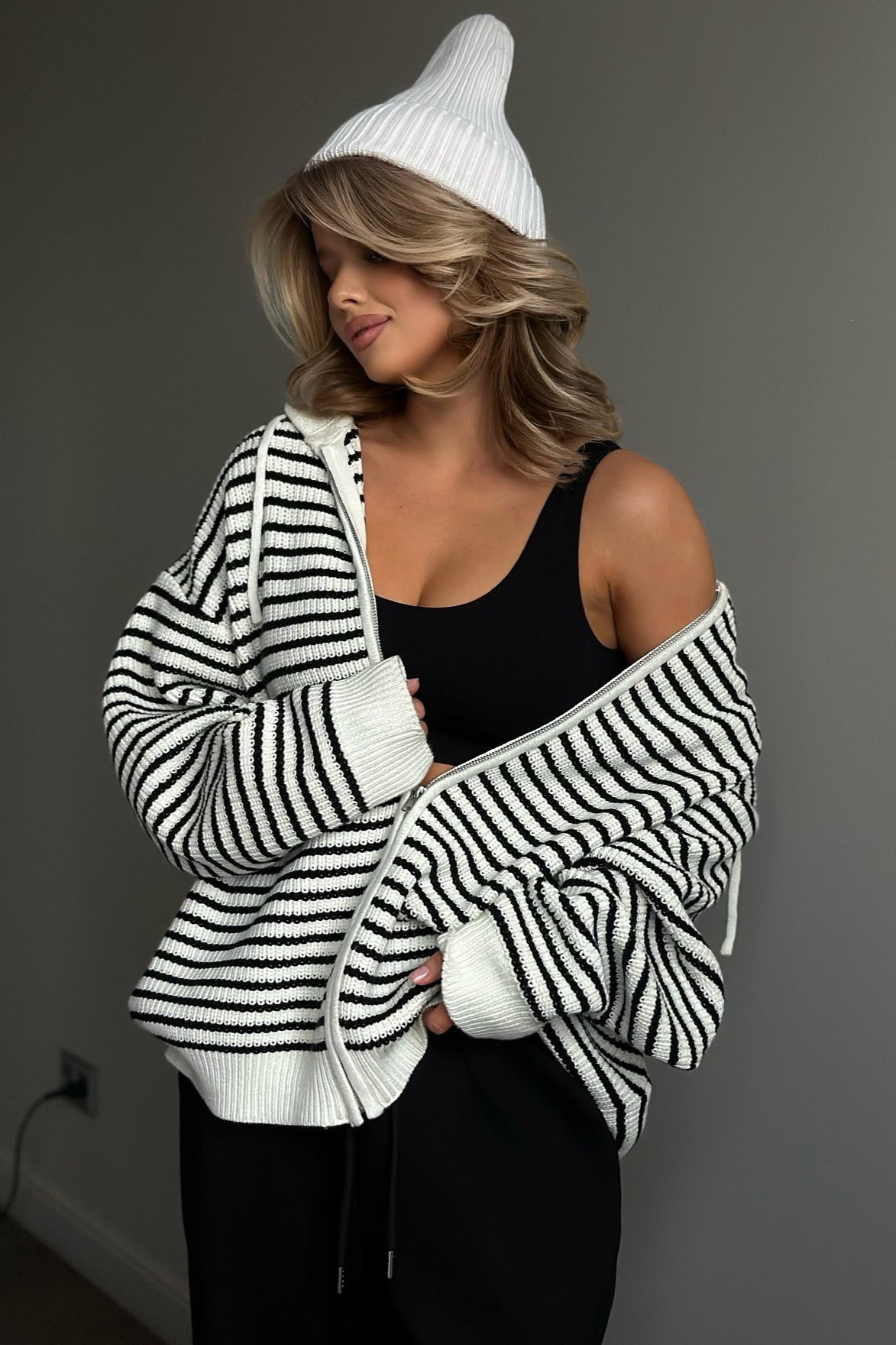 Retro Color Block Loose Zip Knit Cardigan