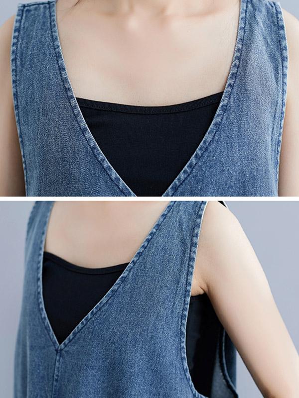 Loose Sleeveless Denim V-neck Midi Dress