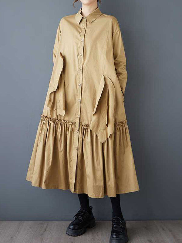 A-line Long Sleeves Buttoned Pleated Pockets Color Split-joint Lapel Midi Dresses