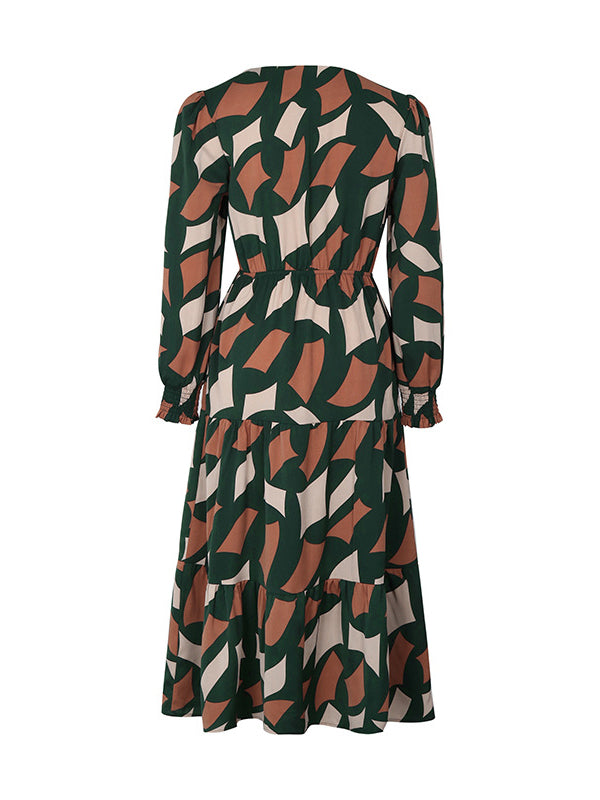 A-line Long Sleeves Buttoned Elasticity Pleated Printed Split-joint Tied Waist V-neck Midi Dresses