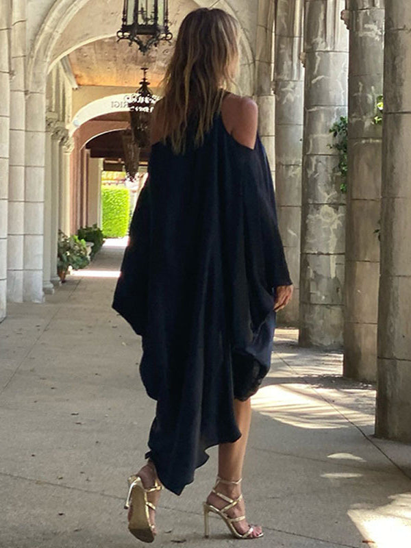 Stylish Loose High-low Batwing Sleeves Black Midi Dress