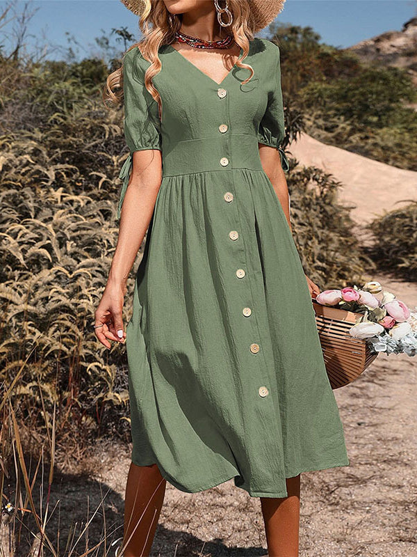 A-line High Waisted Buttoned Hollow Pleated Split-joint Tied V-neck Midi Dresses