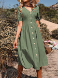 A-line High Waisted Buttoned Hollow Pleated Split-joint Tied V-neck Midi Dresses