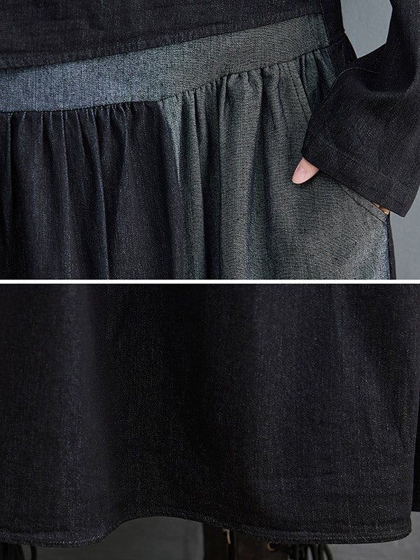 Original Loose Denim Split-joint Tied Lapel Collar Long Sleeves Midi Dress