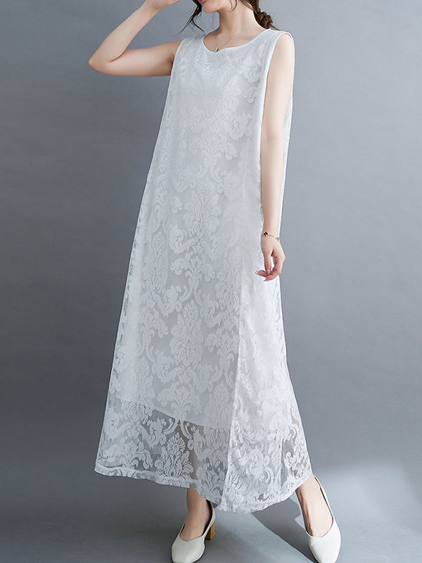 A-line Loose Lacy See-through Color Split-side Round-neck Midi Dresses