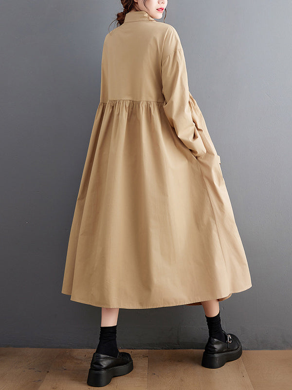 A-line Long Sleeves Buttoned Pleated Pockets Color Tied Lapel Midi Dresses Shirt Dress