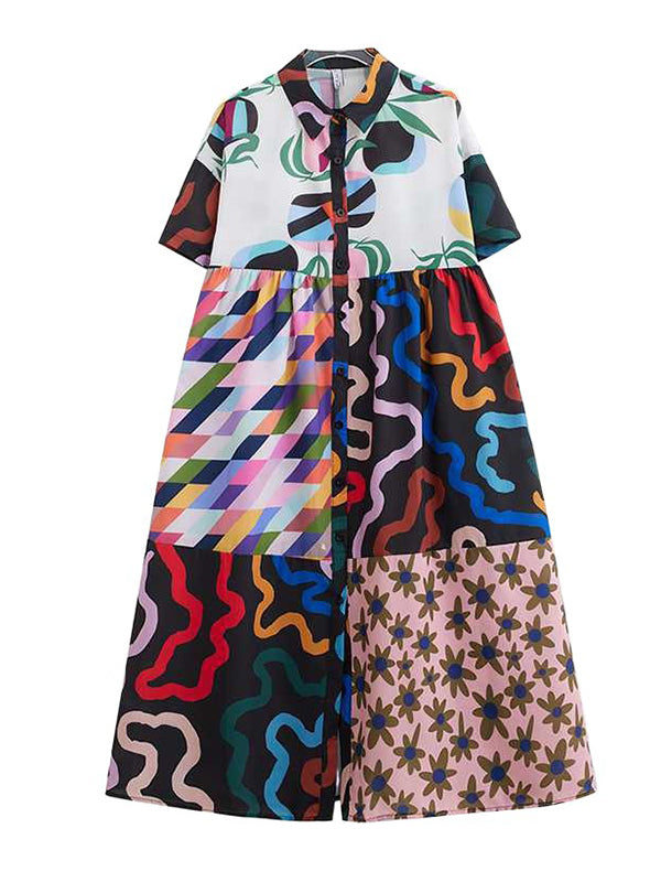 A-line Loose Buttoned Printed Split-joint Lapel Midi Dresses Shirt Dress
