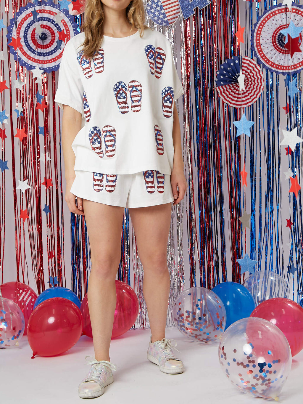 Independence Day Sequin Shorts Loose Two-piece Set