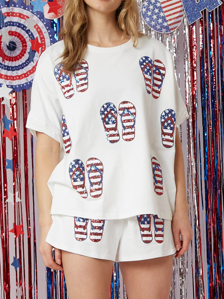 Independence Day Sequin Shorts Loose Two-piece Set