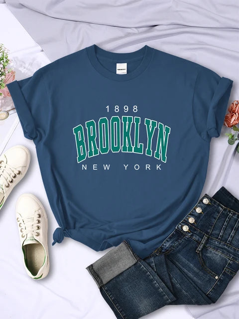1898 Brooklyn New York Print Short Sleeve T-shirts All-math Crewneck Breathable Female Clothing
