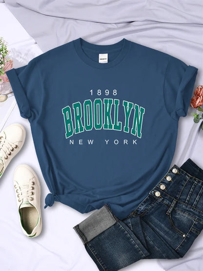 1898 Brooklyn New York Print Short Sleeve T-shirts All-math Crewneck Breathable Female Clothing
