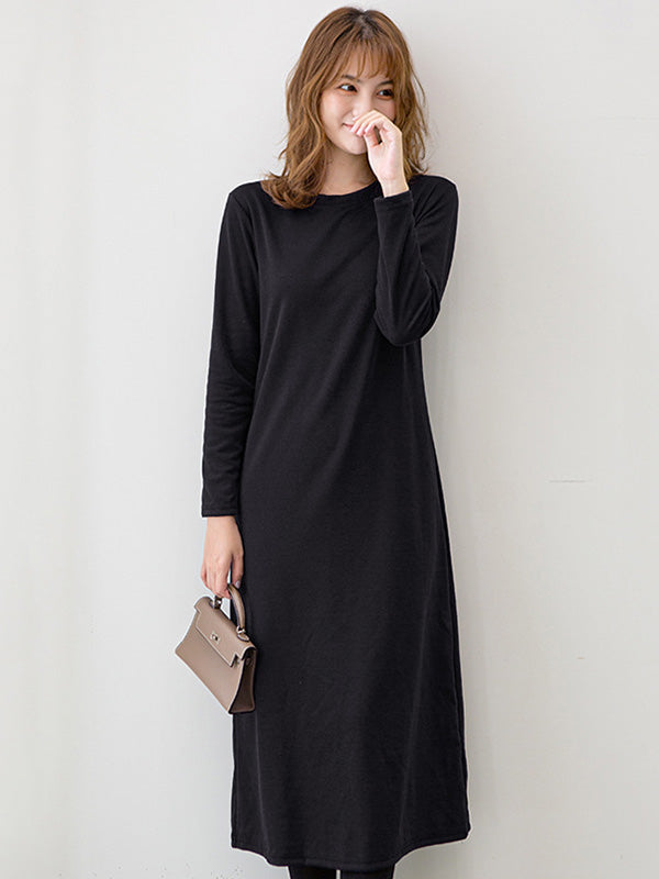 Simple Color Round-neck A-line Midi Dress