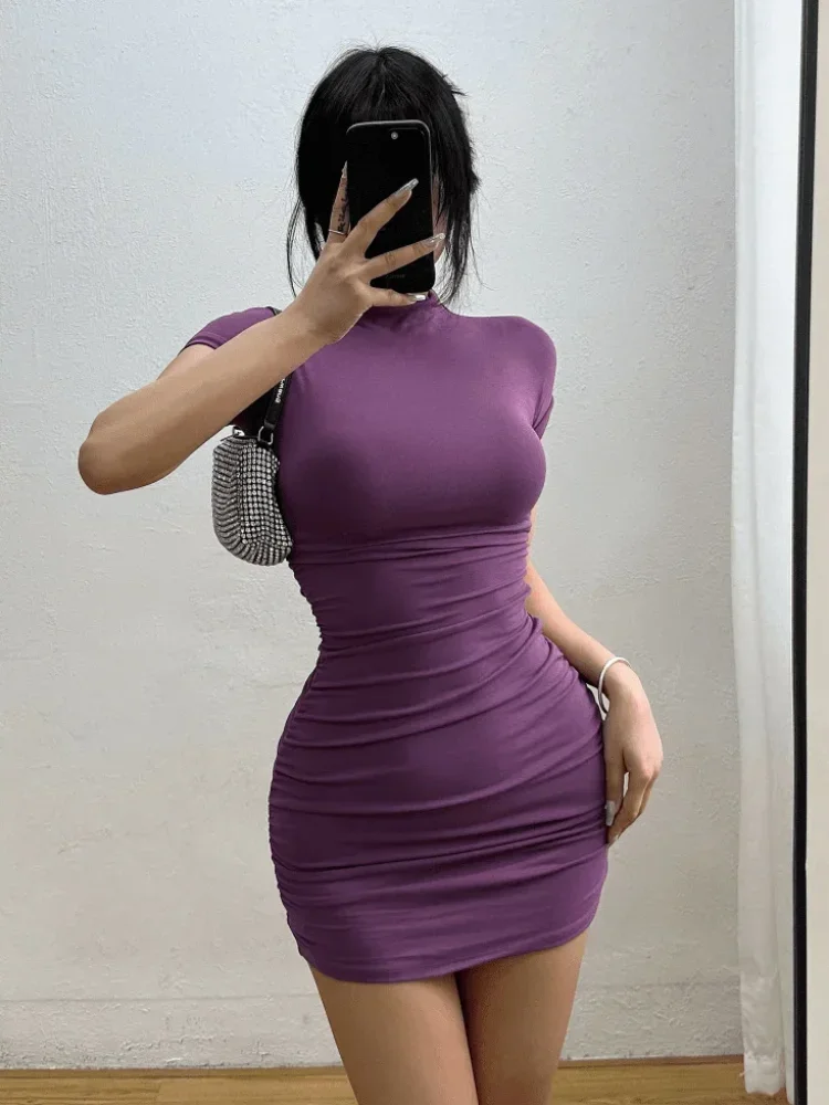 Tight Half High Collar Pleated Waist Mini Dress Spicy Slim Dresses Bodycon Vestidos Cortos Party Mujer Clothing