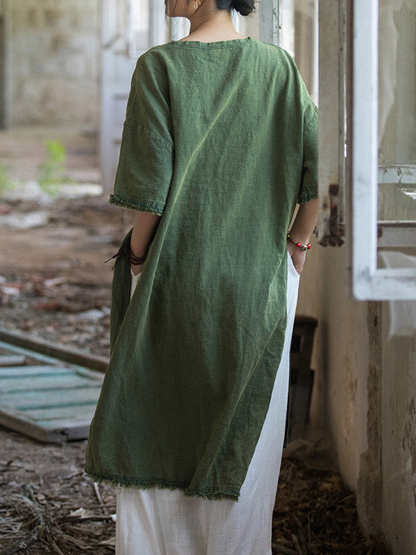 Half Sleeves High-low Fringed Color Split-joint Split-side Round-neck Midi Dresses