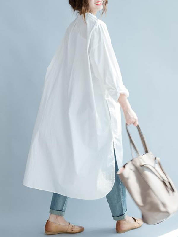 High-low Long Sleeves Buttoned Color Split-side Lapel Midi Dresses Shirt Dress