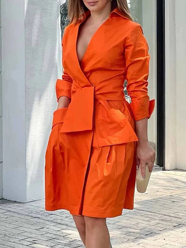 Long Sleeves Color Tied Waist Deep V-neck Mini Dresses