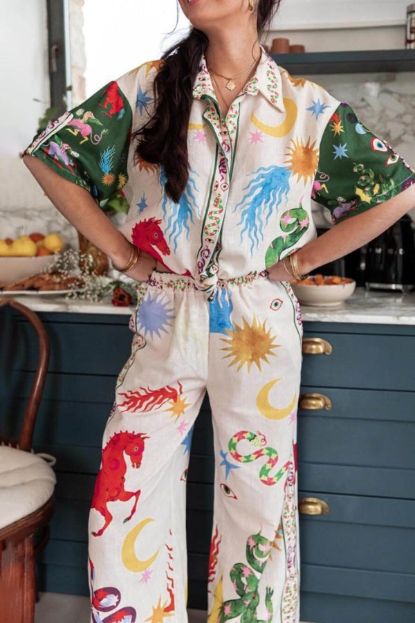 Beauty Unique Print Short Sleeve Loose Shirt and Elastic Waist Pants Set