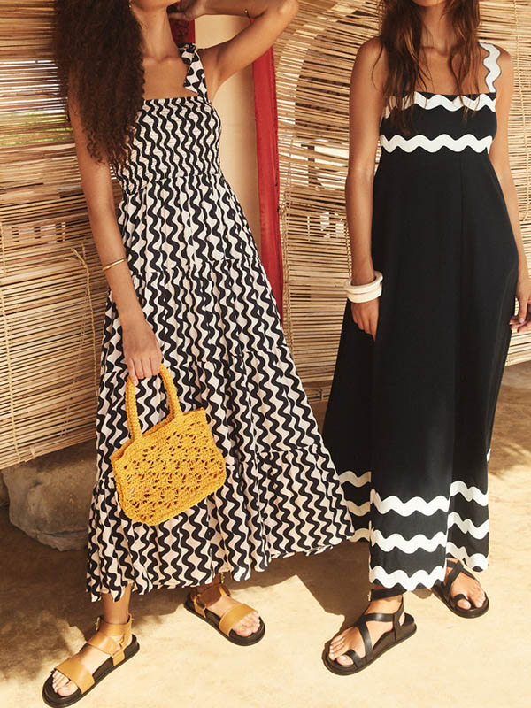 A-line High Waisted Contrast Color Zipper Square-neck Midi Dresses