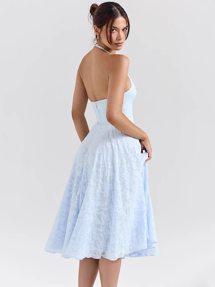Deep V Neck Halter Madi Dress Sleeveless Backless A-line Loose Pleated Evening Long Dress