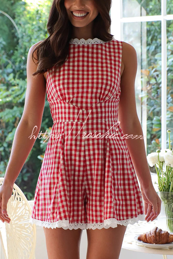 Plaid Print Sleeveless Pleated Waist Rompers