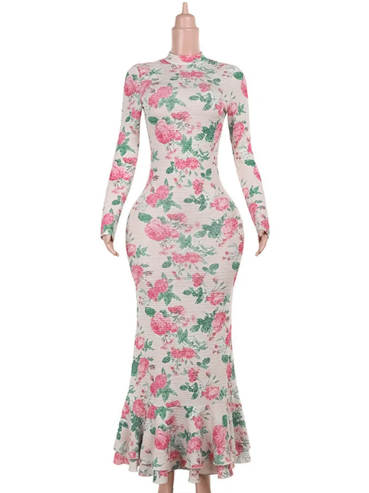 Bodycon Long Sleeve Half High Collar Print Zipper Maxi Dress Slim High Waist Dress Outfits