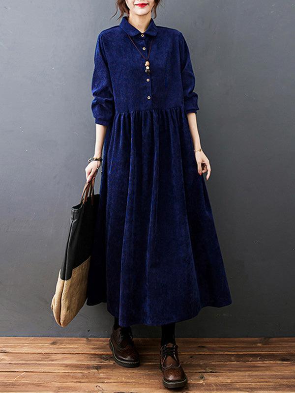 Split-joint Color Long Sleeves Lapel A-line Corduroy Midi Dress